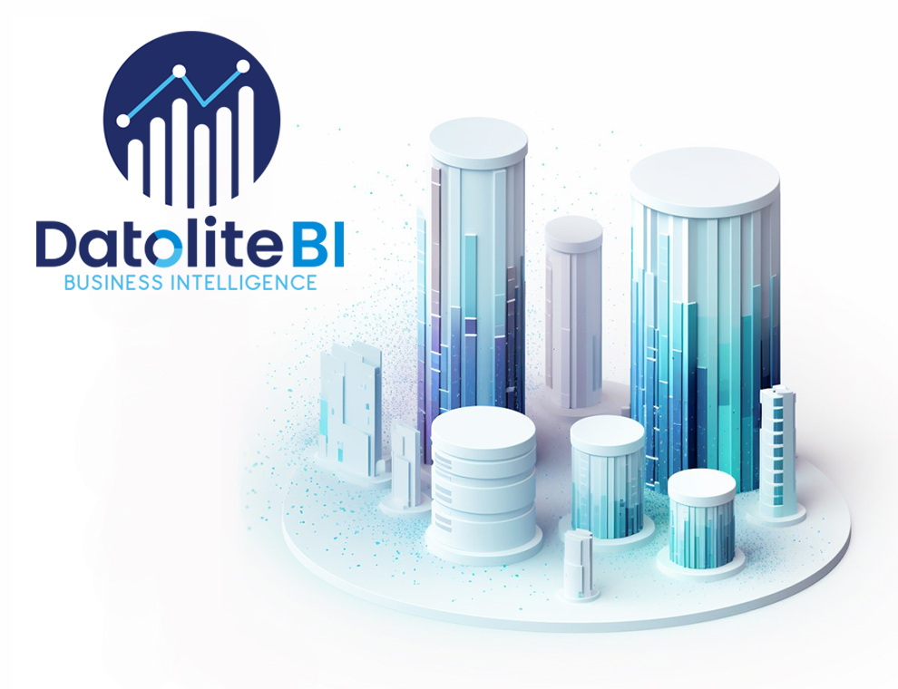 DatoliteBI Business Intelligence logo alongside a futuristic digital cityscape of data silos, symbolizing data fragmentation and the need for unified analytics in law firms.