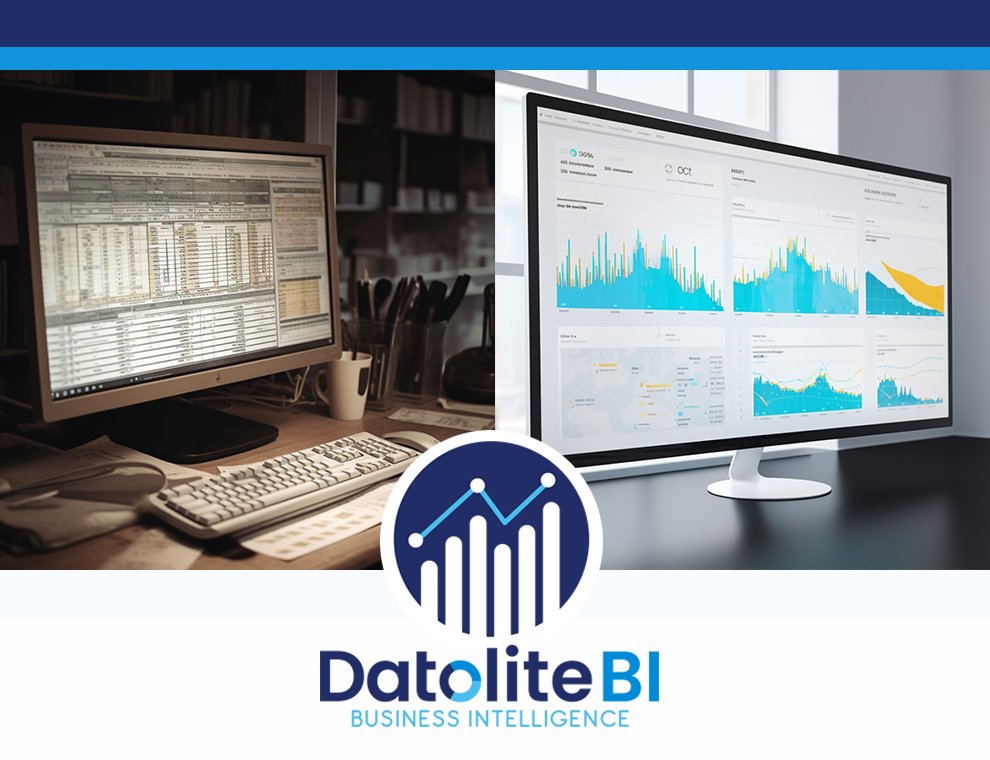 Side-by-side comparison of legacy spreadsheet reporting versus modern business intelligence dashboard with DatoliteBI logo, showing the evolution of law firm analytics