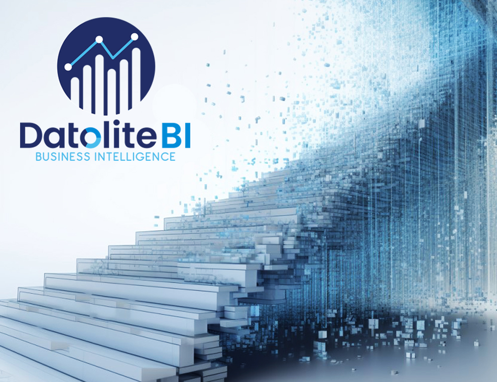 DatoliteBI Business Intelligence logo with a futuristic digital staircase composed of data blocks, symbolizing growth, analytics, and data-driven decision-making.