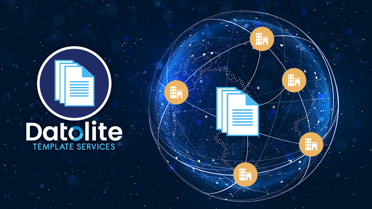 Datolite Template Services logo with a digital globe connecting multiple law firm office icons, symbolizing cloud-based legal template management.